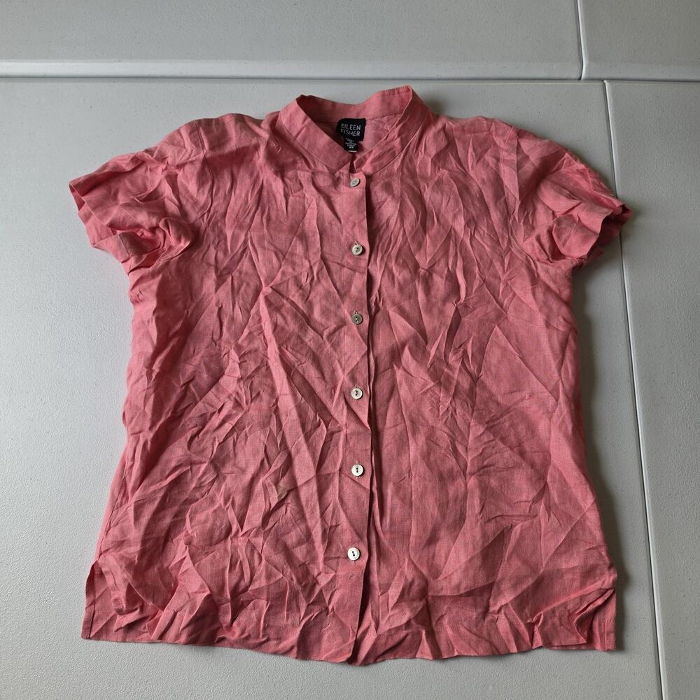 Eileen Fisher Button Up Shirt Womens XS Pink Irish Linen Short Sleeve Top Summer